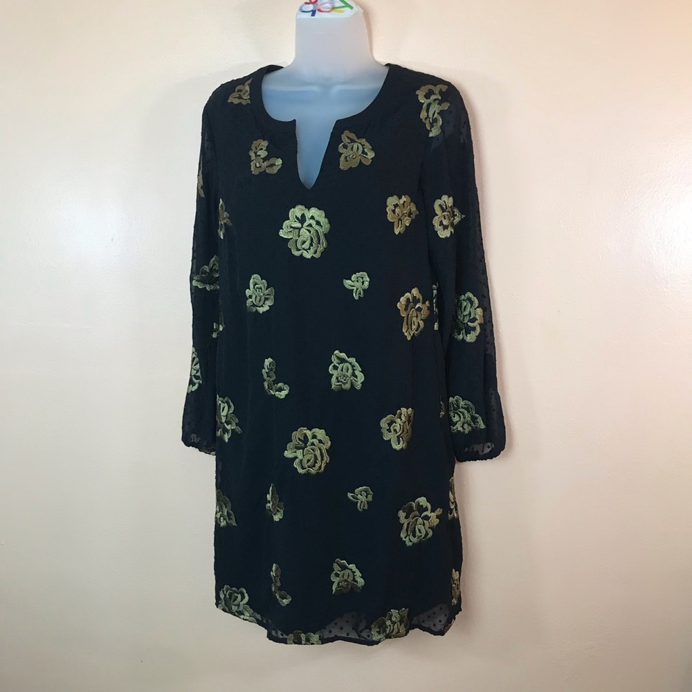 CAbi Swiss Dot Black Gold Flowers Floral Lined Dress Long Sleeve Women XS